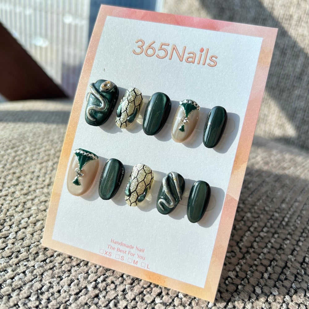 The Gilded Serpent: "Emerald Python" – Dark Green Cat Eye & Gold Scale Handmade Press-On Nails with 3D Snake Charm