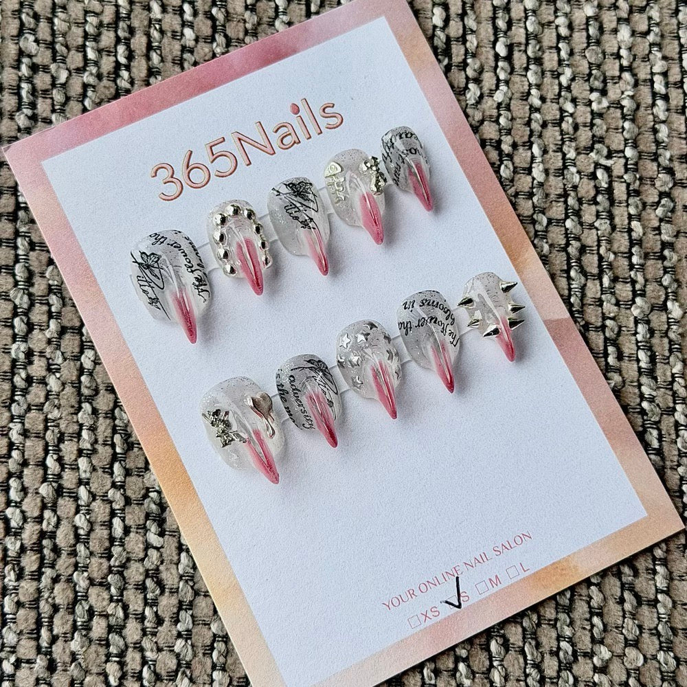 365nails: "Gothic Newspaper Spike" – 3D Metal Charm Handmade Short Almond Nails