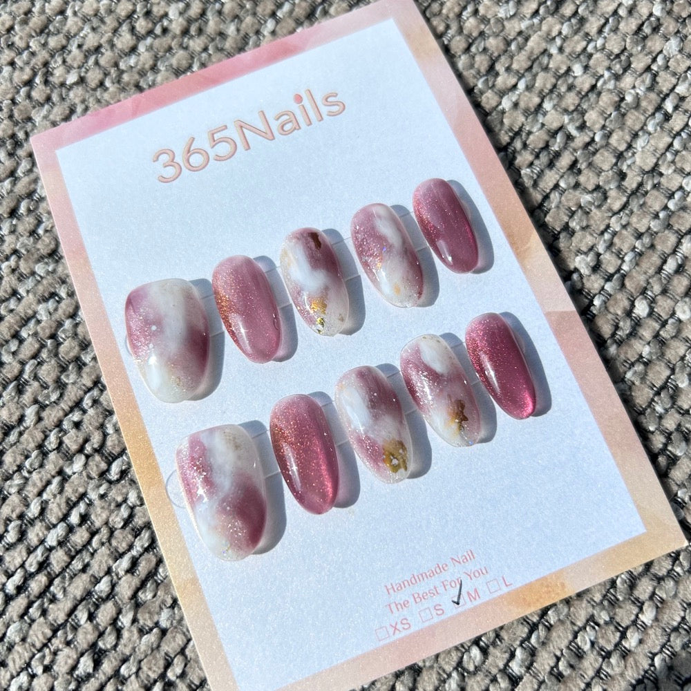 Ethereal Ink: "Mauve Mist" – Dusty Rose Cat Eye & Milky Cloud Marble with Gold Foil Oval Nails