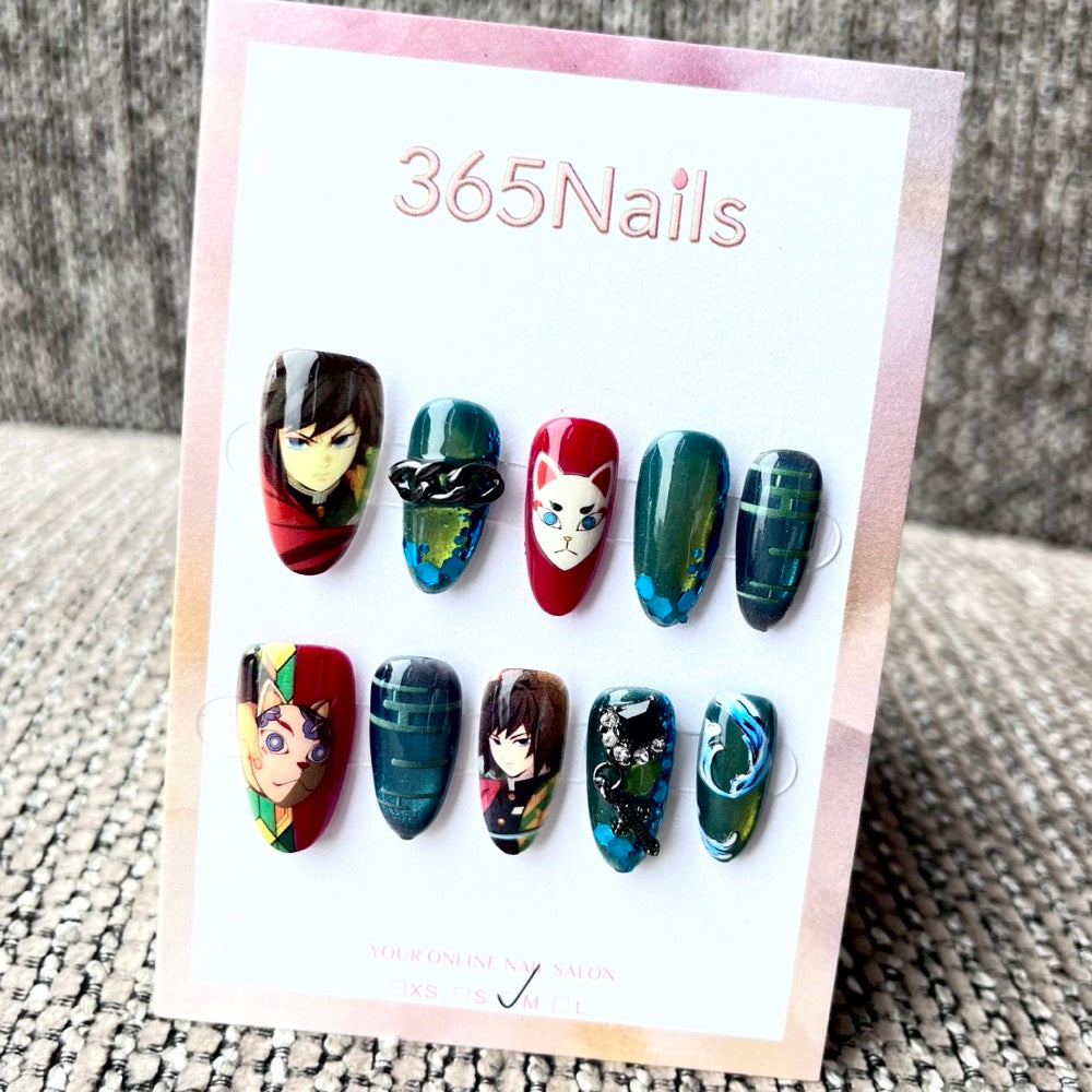 365nails: "Demon Slayer Giyu Tomioka" – Handmade Short Almond Press-On Nails