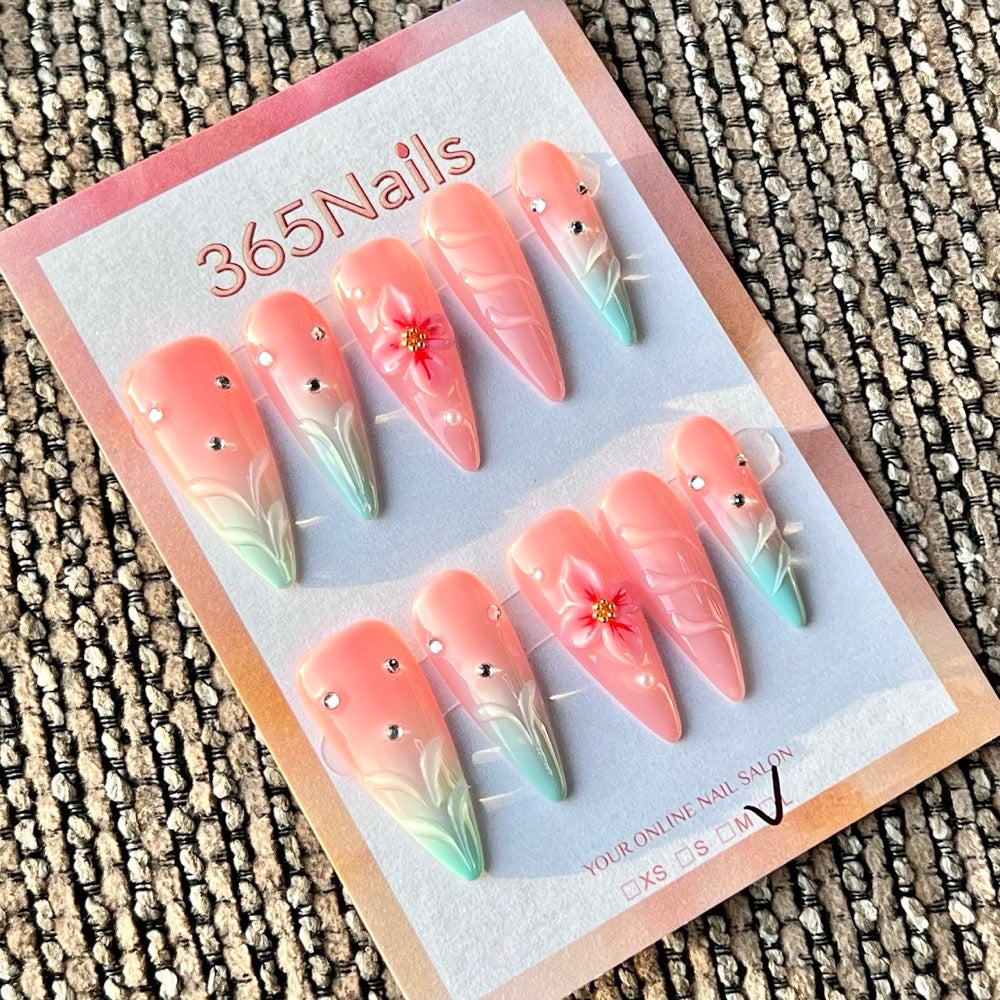 365nails: "Pink Blue Flower Rhinestone 3D" – Handmade Medium Stiletto Press-On Nails