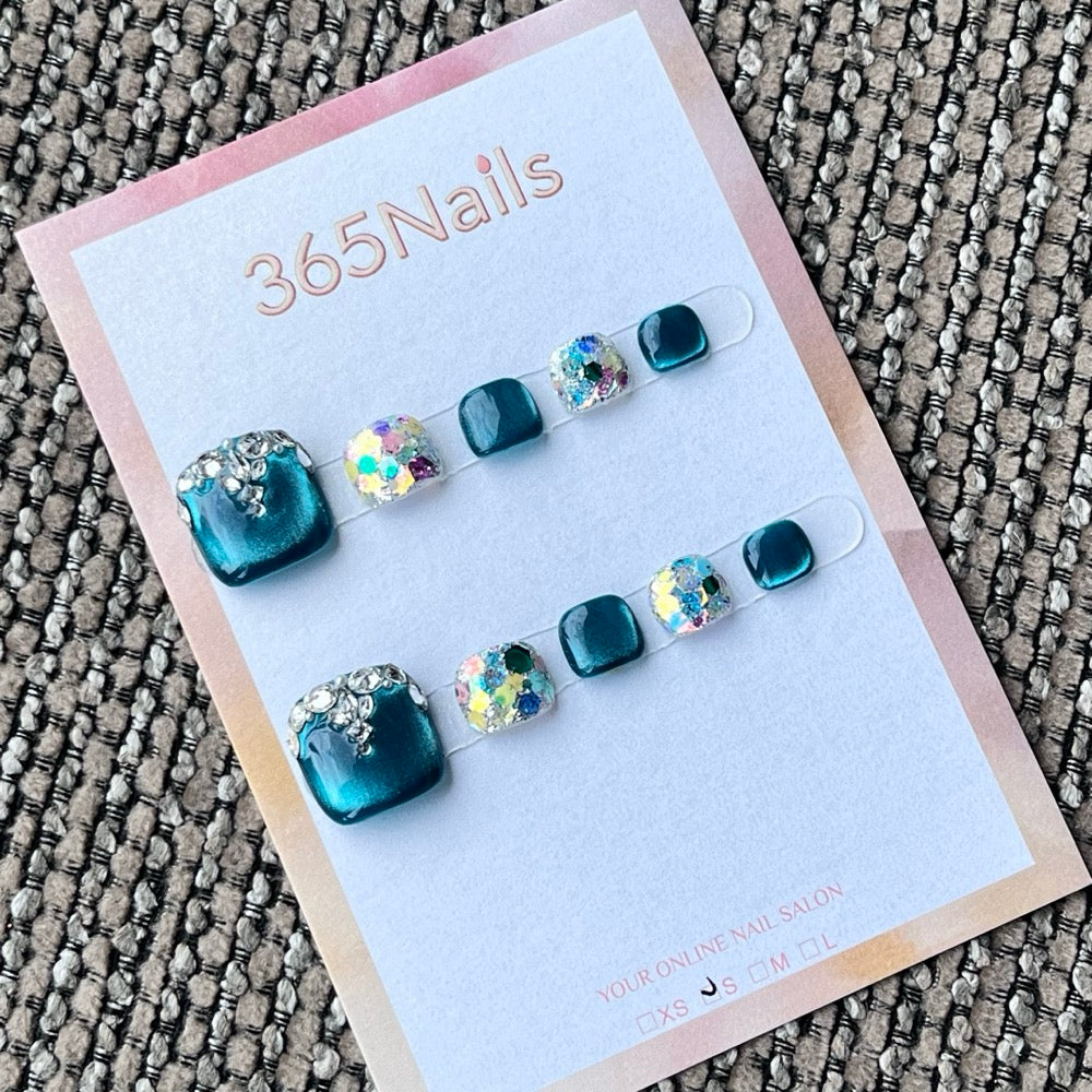 Teal Crystal Confetti Press-On Toenails