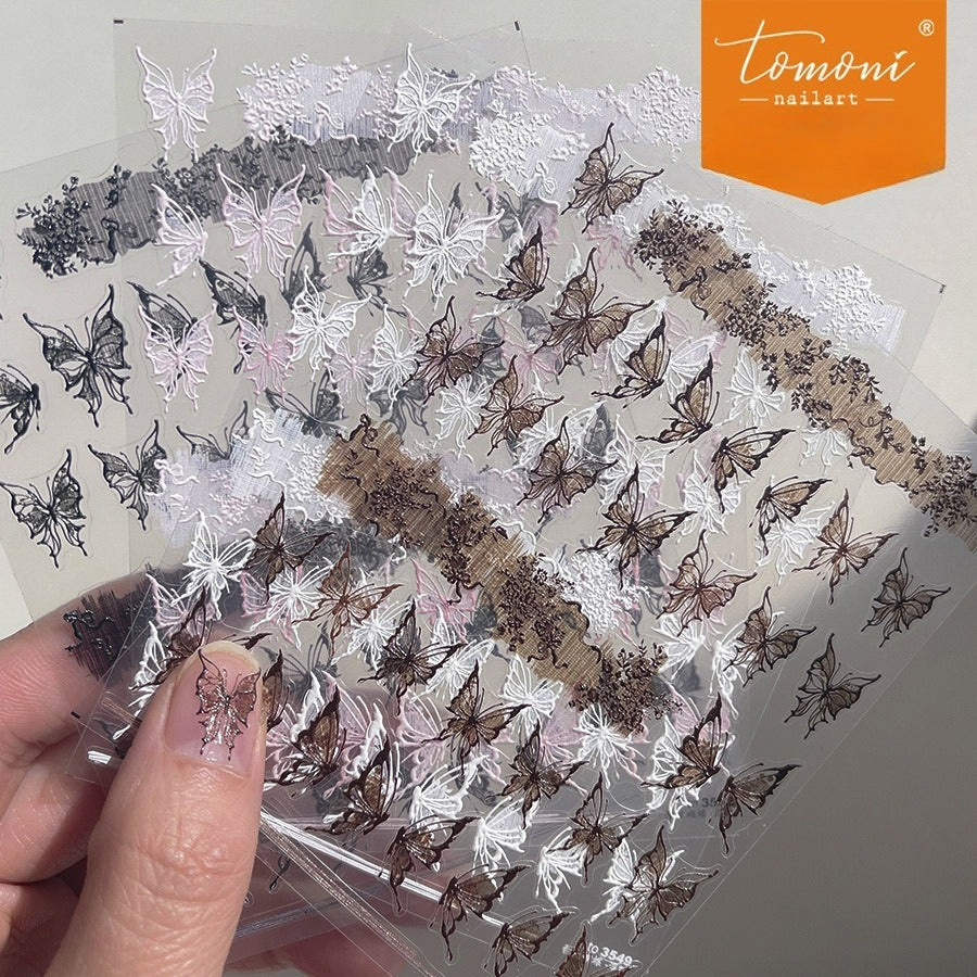 Sepia Butterfly Embroidery – 3D Embossed Vintage Nail Art Set