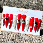 365nails: 「緋紅浪漫」– 3D 花卉與水鑽 手工製 長款 尖形 穿戴甲