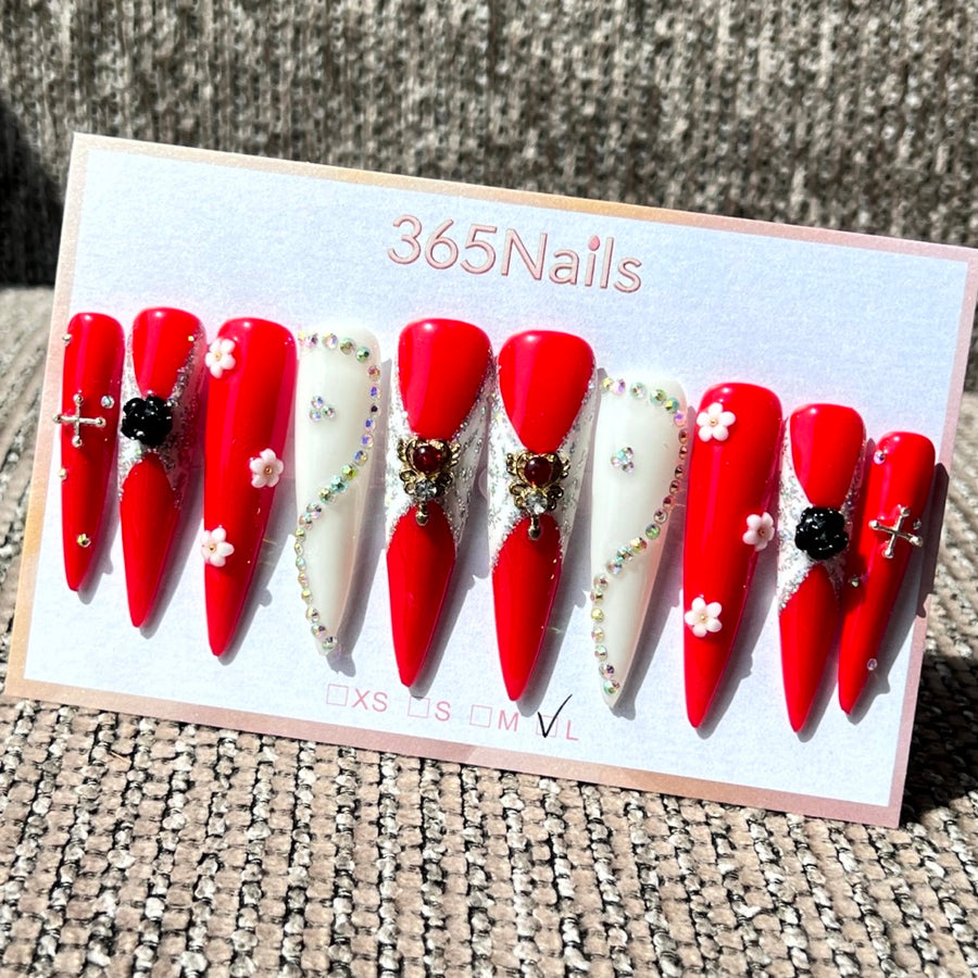 365nails: "Crimson Romance" – 3D Floral & Rhinestone Handmade Long Stiletto Nails
