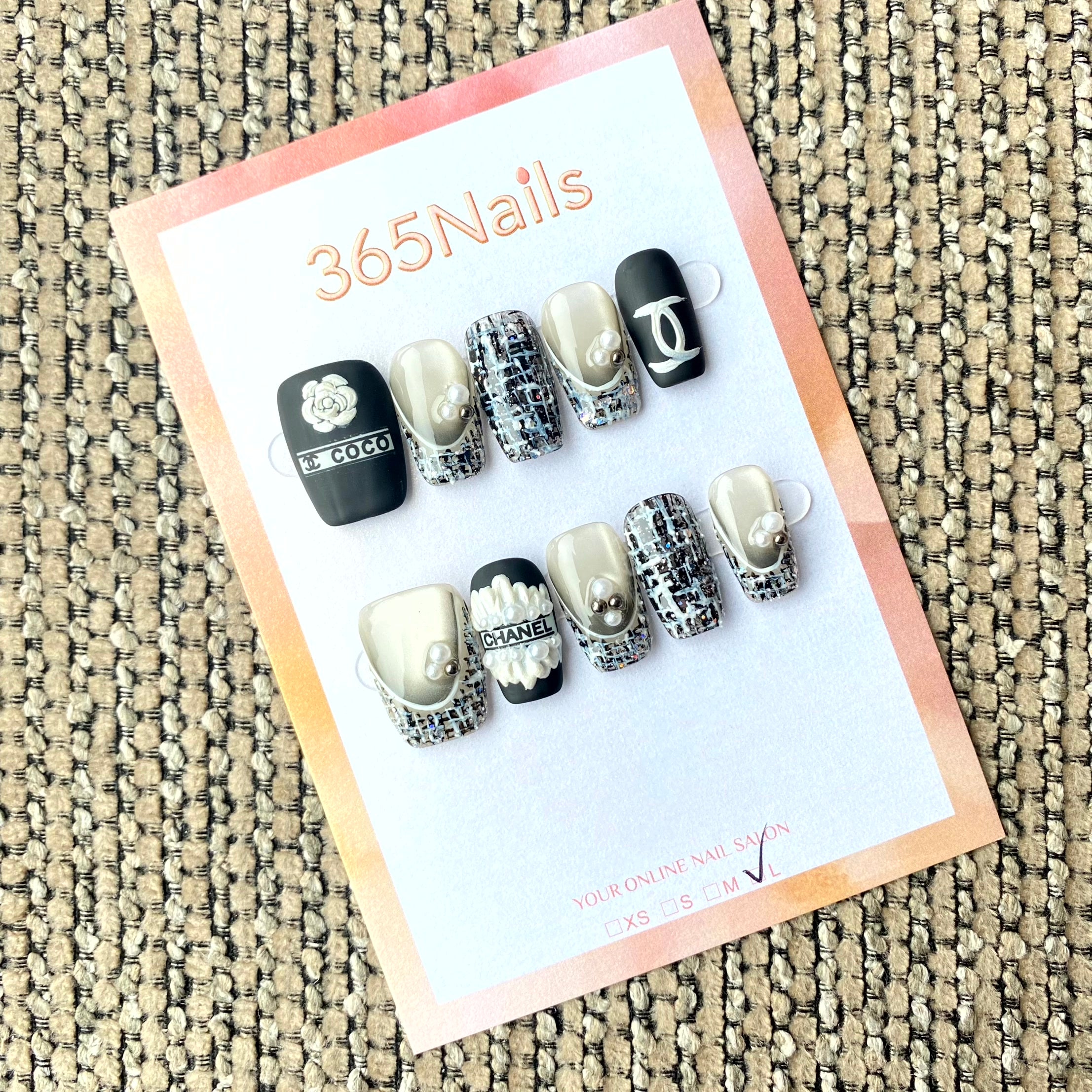 365nails 奢華標誌：「粗花呢山茶」— 3D立體花朵與奢華粗花呢 手工製 方圓形甲片