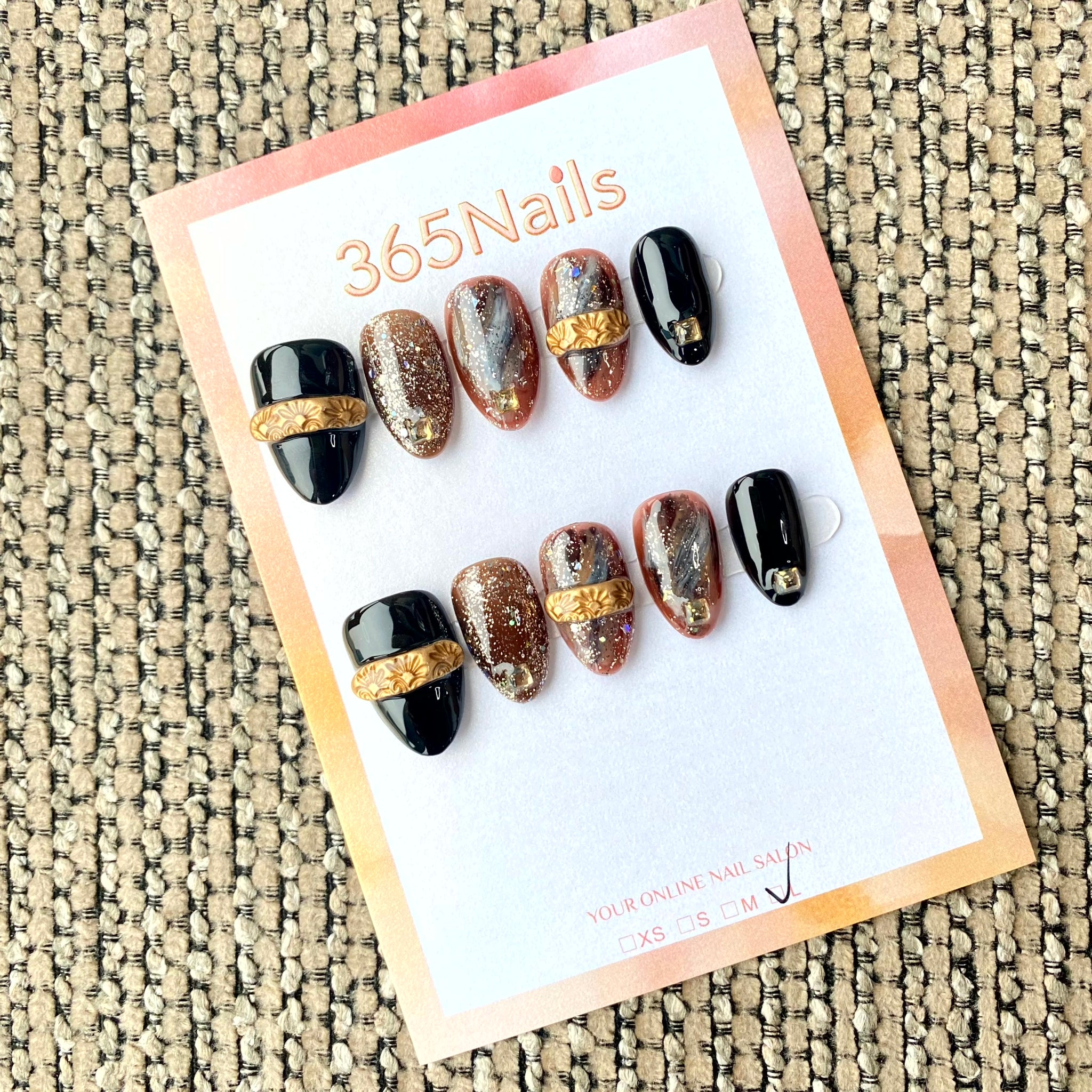 365nails: "Gilded Obsidian" – Black Marble & 3D Gold Floral Band Handmade Almond Nails