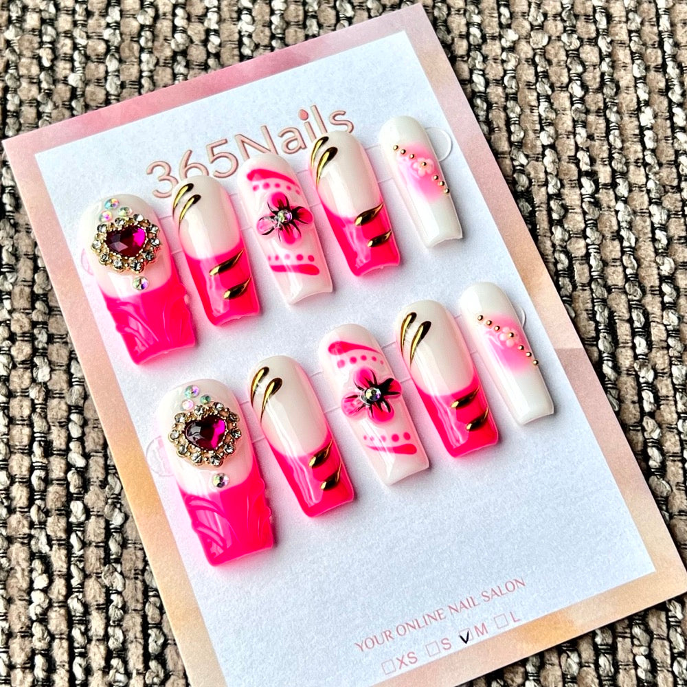 365nails: "Neon Pink Heart Bloom" – Handmade Medium Square Press-On Nails