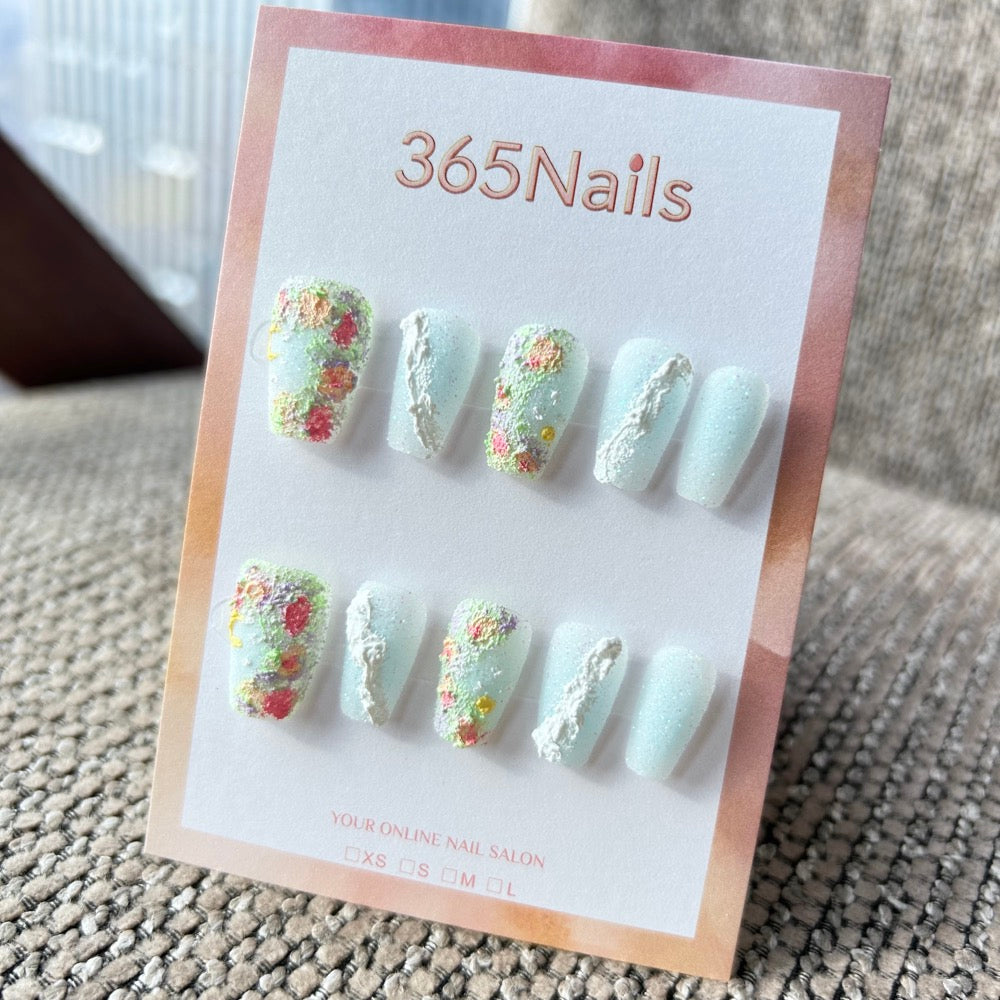 Sweet & Dopamine: "Monet's Frozen Garden" – Icy Blue Sugar Glitter, Impasto Floral & Plaster Texture Press-on Nails