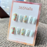 Sweet & Dopamine: "Monet's Frozen Garden" – Icy Blue Sugar Glitter, Impasto Floral & Plaster Texture Press-on Nails