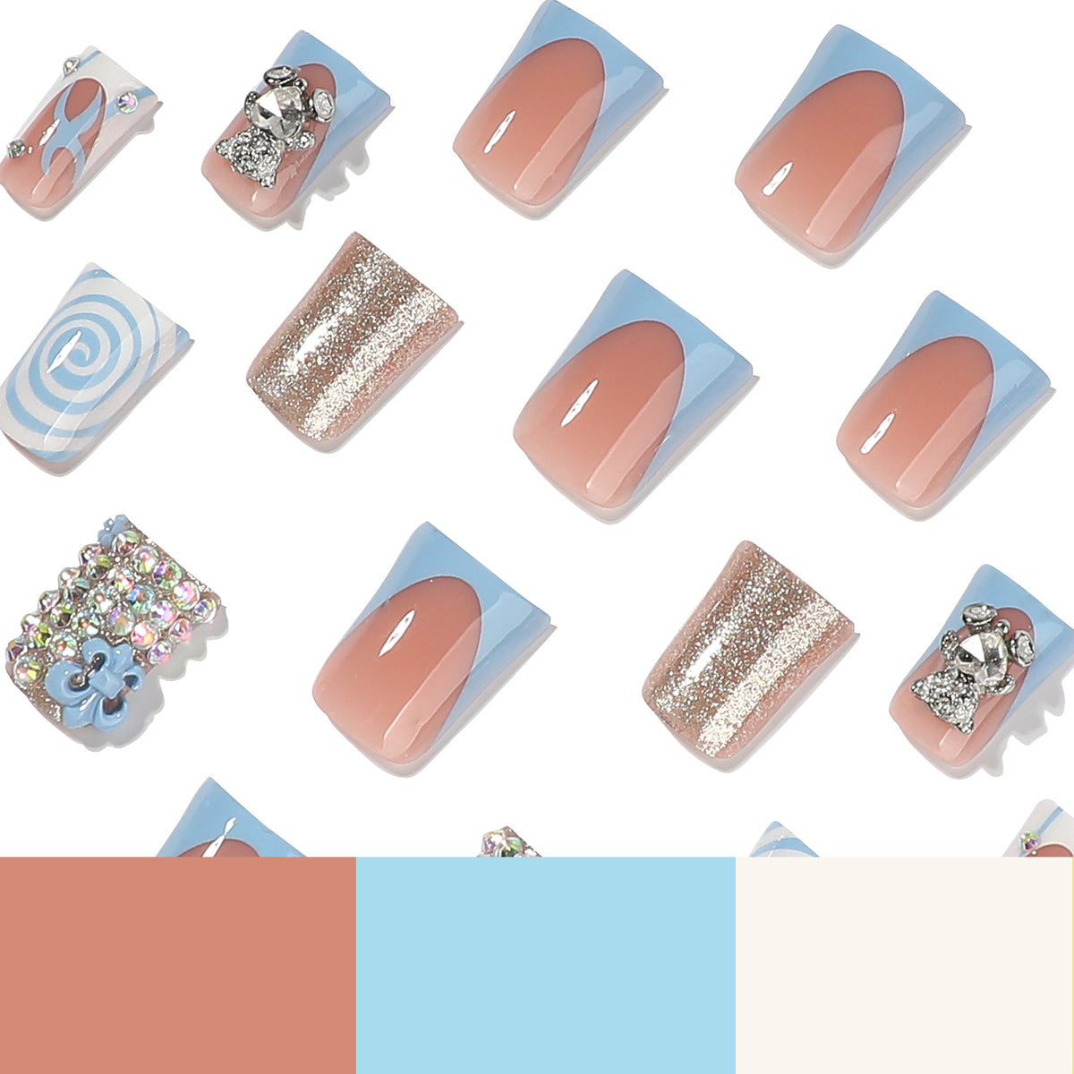 Close-up of blue, nude, and glitter press-on nails