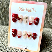 365nails: "Romance Carmim" – Unhas Postiças Artesanais de Laço 3D e Coração Formato Amêndoa Média