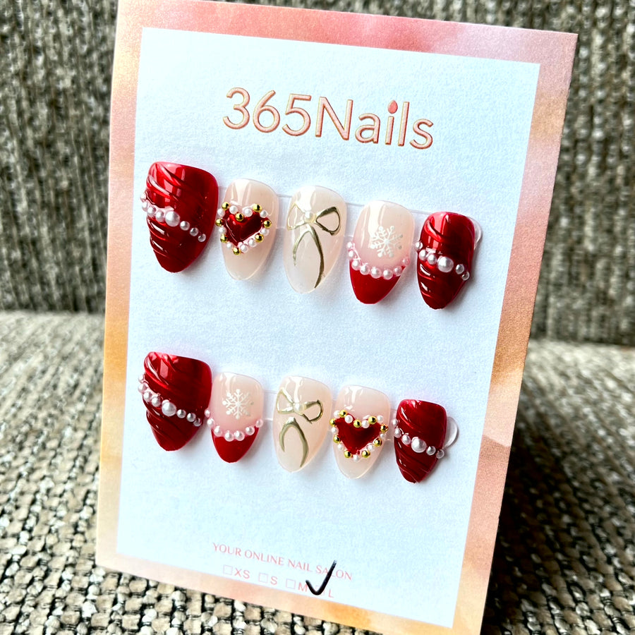 365nails: "Crimson Romance" – 3D Bow & Heart Handmade Press on Nails Medium Almond Nails