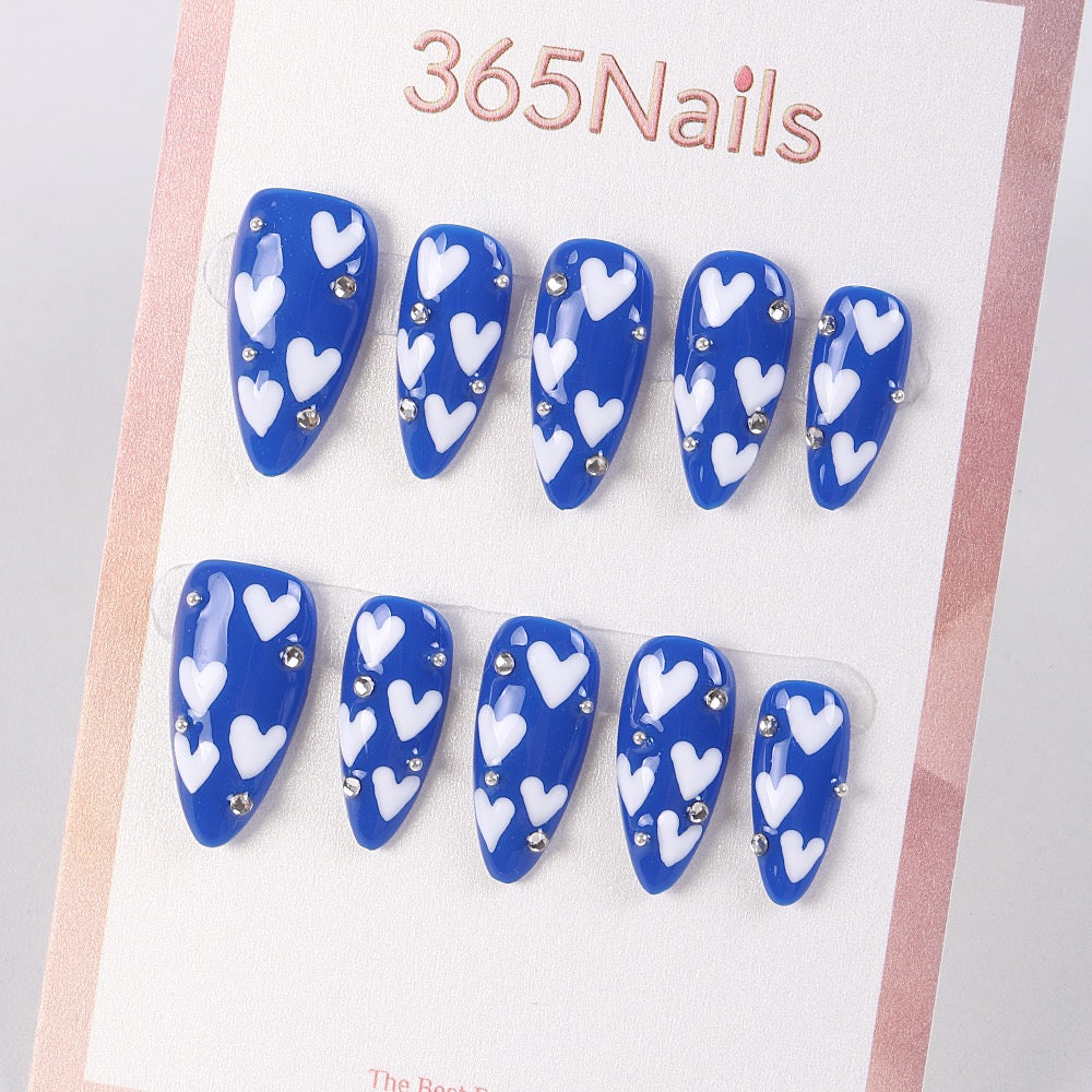 365Nails Blue Heart Melody Press-On Nails with White Hearts and Rhinestones
