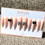 365nails: "Midnight Elegance" – 3D Bow Silver Glitter Handmade Stiletto Nails