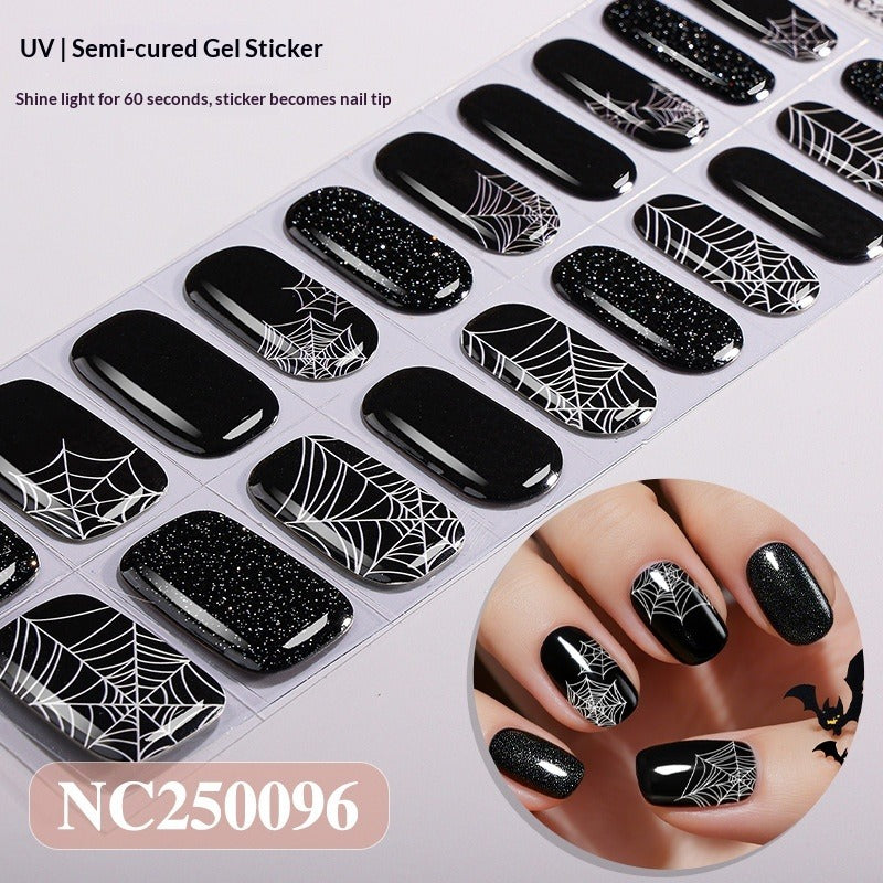 Semi-Cured Gel Nail Strips Halloween Glow Gothic Spiderweb Ghost Design (MOQ=3)