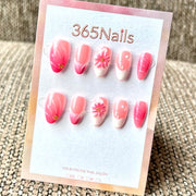 Motif floral aquarelle sur fond rose - Vente en gros d'ongles press-on faits main ultra-souples à ajustement flexible (MOQ=100)