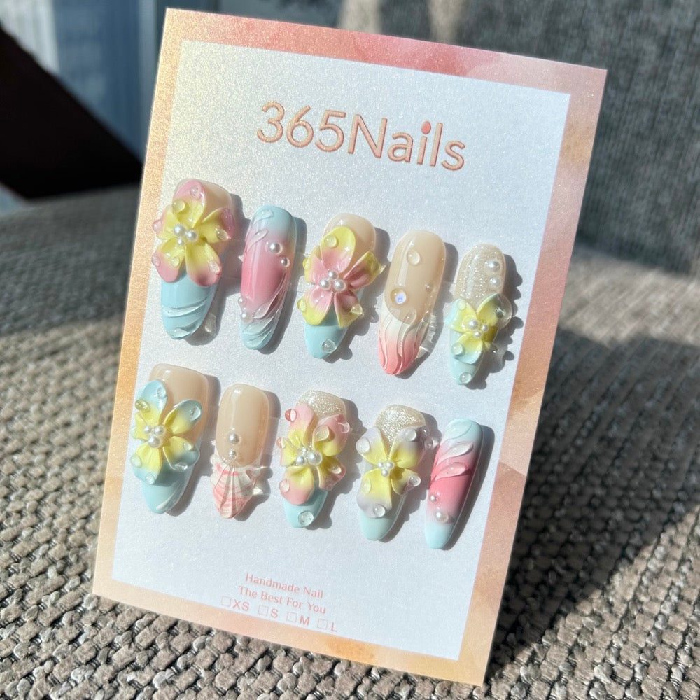 Handmade "Pastel Dreamscape" 3D Floral Press-on Nails | Gradient Hibiscus & Pearl Accents | Almond | 10pcs Set