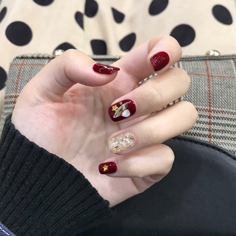 Burgundy star shell whitening nail patch press on nails finished fake nail waterproof removable pregnant women can wear｜365nails
