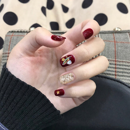 Burgundy star shell whitening nail patch press on nails finished fake nail waterproof removable pregnant women can wear｜365nails