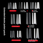 Embouts d’ongles allongeants — faux ongles super longs tête plate, demi‑autocollant, effet denim, forme trapèze press‑on — vente en gros (MOQ=3)