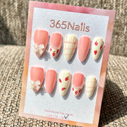 365nails 수제 3D 리본 딸기 체크 미디엄 스틸레토형 프레스온 네일