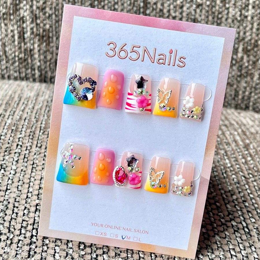 365nails: "Rainbow Gradient Butterfly Heart Rhinestone Floral Bubble" – Colorful Kawaii Handmade Medium Square Nails