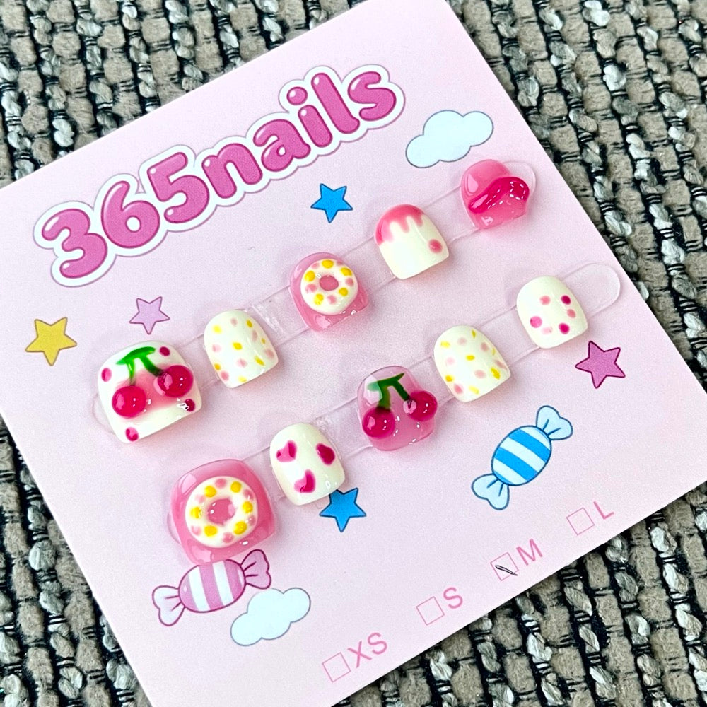 365nails: "Sweet Donut Delight" – 3D Cherry & Donut Handmade Short Square Nails