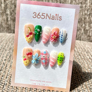 365nails: "Picnic Cherry Bloom" – 3D Floral Handmade Medium Oval Press On Nails
