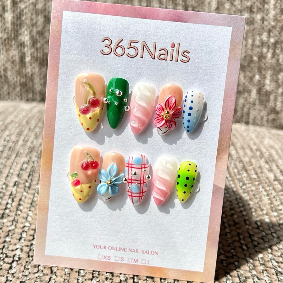 365nails: "Picnic Cherry Bloom" – 3D Floral Handmade Medium Oval Press On Nails