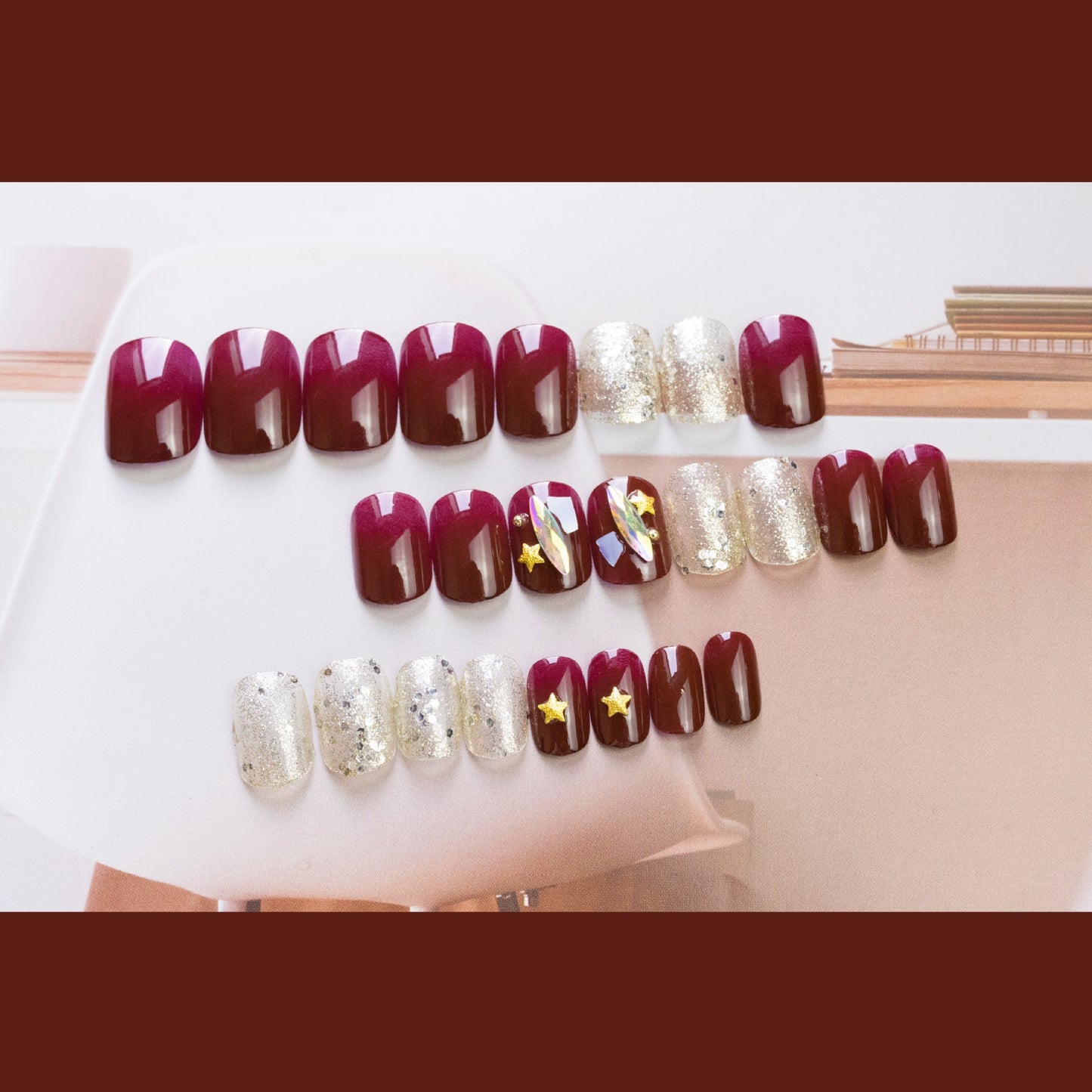 Burgundy star shell whitening nail patch press on nails finished fake nail waterproof removable pregnant women can wear｜365nails
