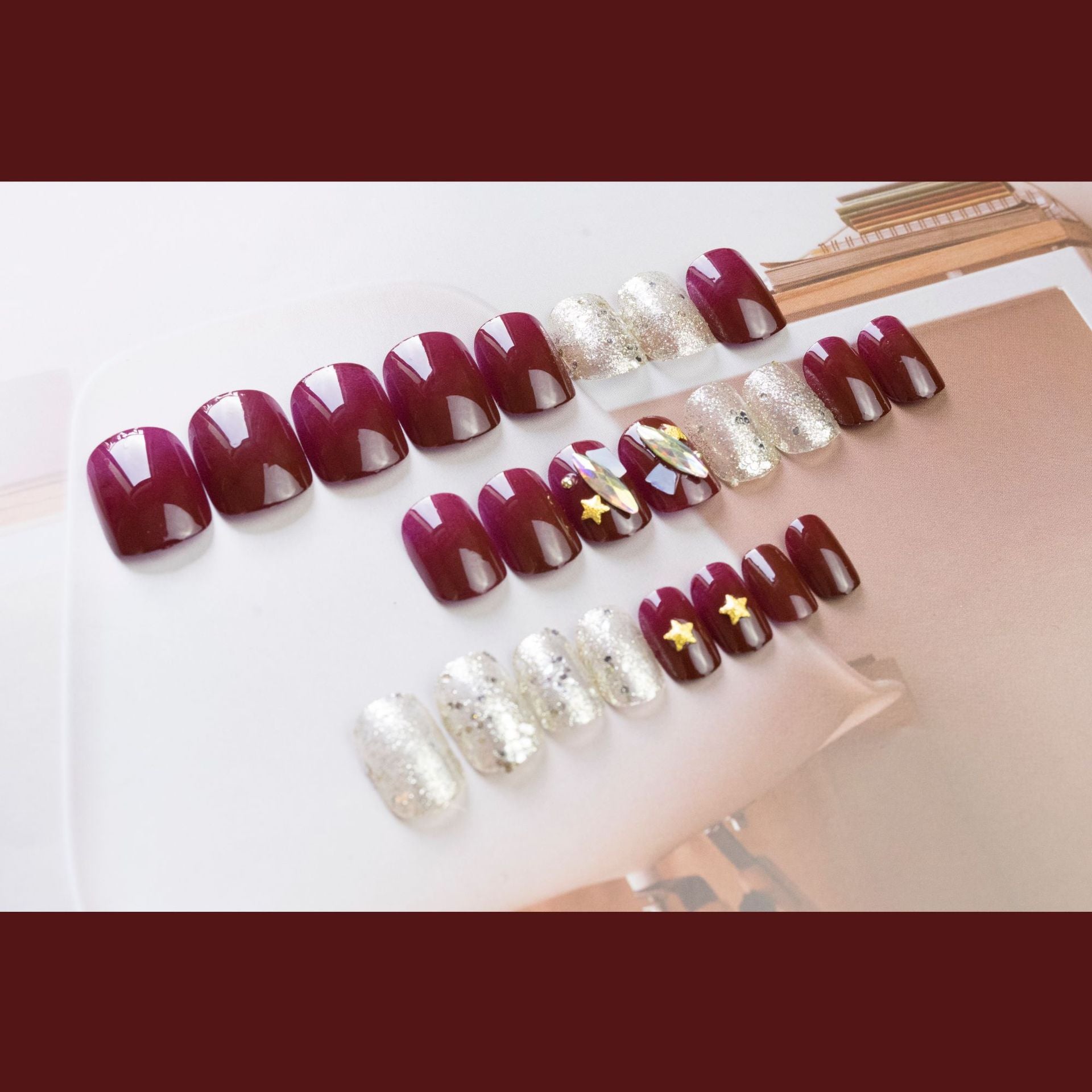 Adesivo de unha clareador em formato de estrela Borgonha, unhas postiças finalizadas, à prova d'água, removíveis, para mulheres grávidas, pode usar 365nails