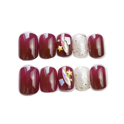 Burgundy star shell whitening nail patch press on nails finished fake nail waterproof removable pregnant women can wear｜365nails