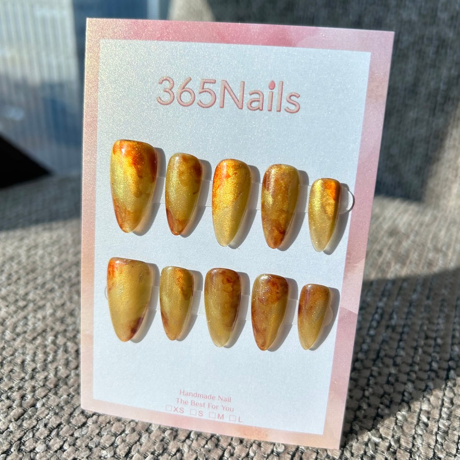Golden Amber & Caramel Latte Fluid Art Nails｜Handmade Smudge Series(moq=30)