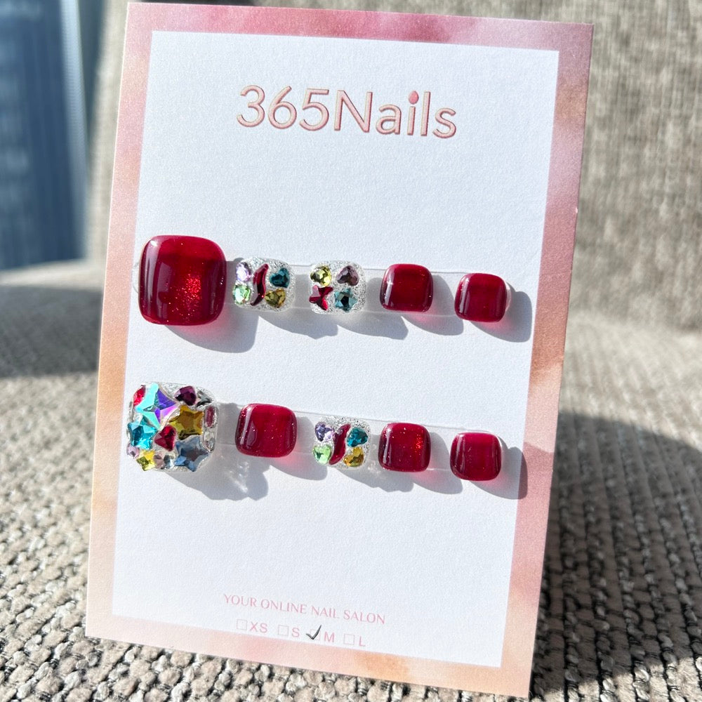 365nails: "retro red gem" – handmade press-on toenails / pedicure