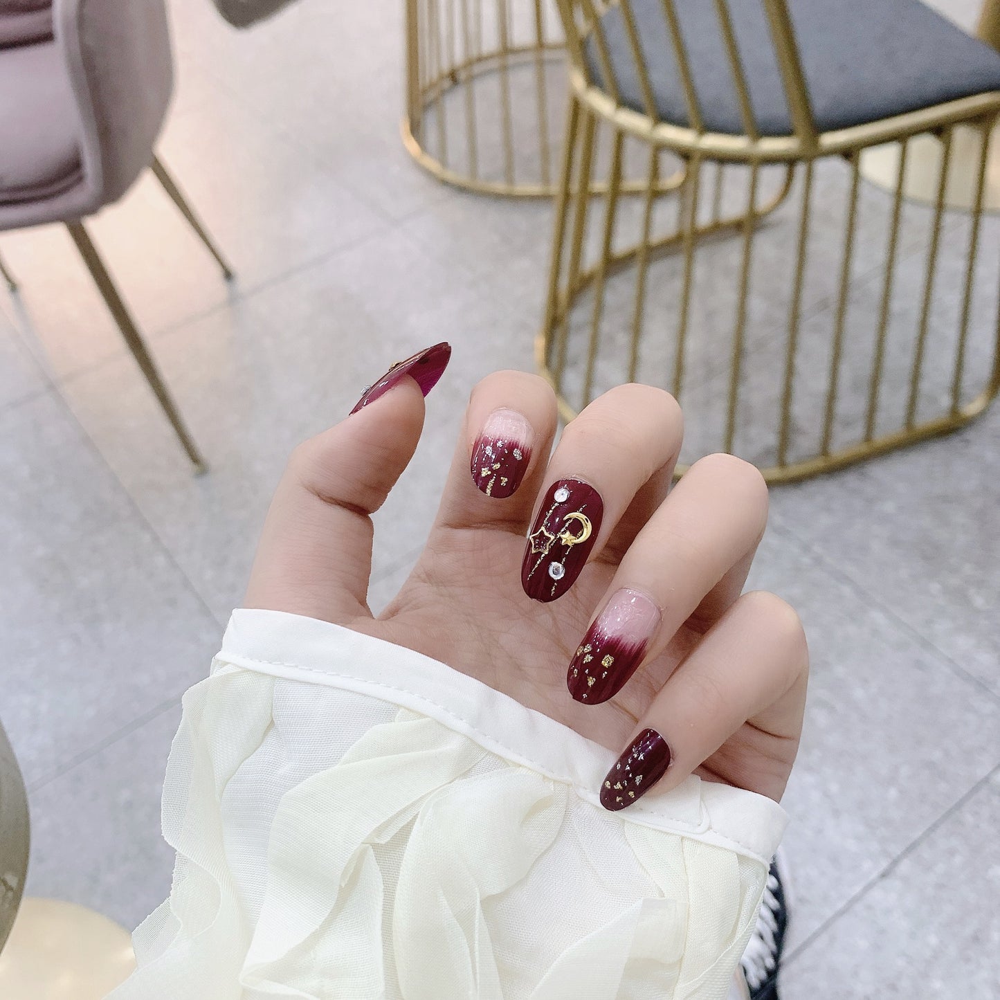 Xingyue burgundy smudging  finished fake nail manicure patch｜365nails