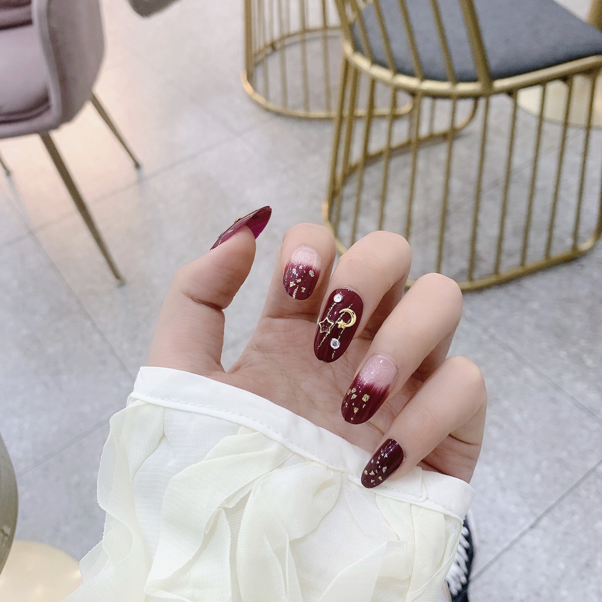 365nails: "Crimson Velvet Night" – 3D Moon & Star Handmade Medium Almond Nails