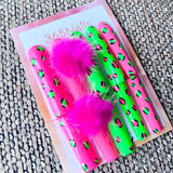 365nails: "Pink Green Leopard Pom Pom" – Handmade Long Trapezoid Press-On Nails