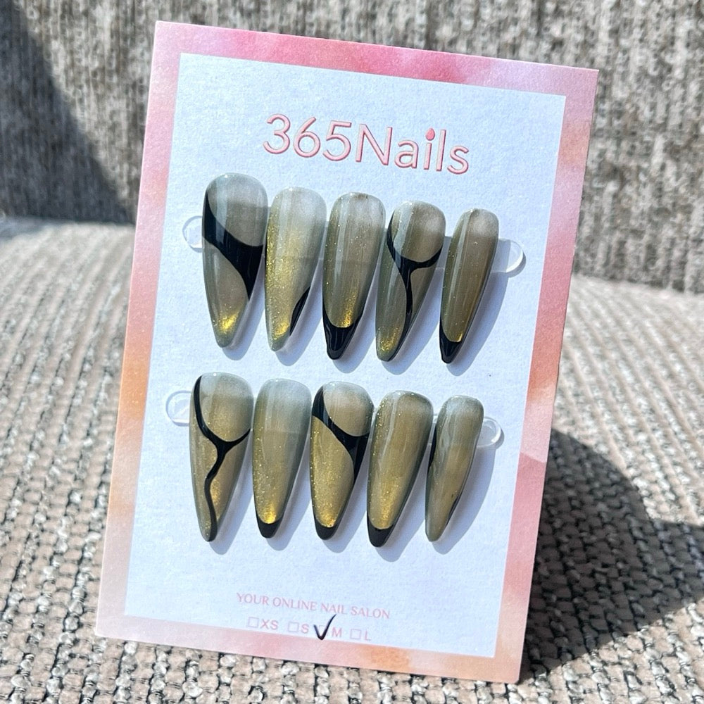 365nails: "Olive Noir Wave" – Unhas Stiletto Artesanais Abstratas Pretas e Olivas Cintilantes