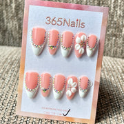365nails: "Pink White Flower Rhinestone Heart" – Handmade Medium Stiletto Press-On Nails