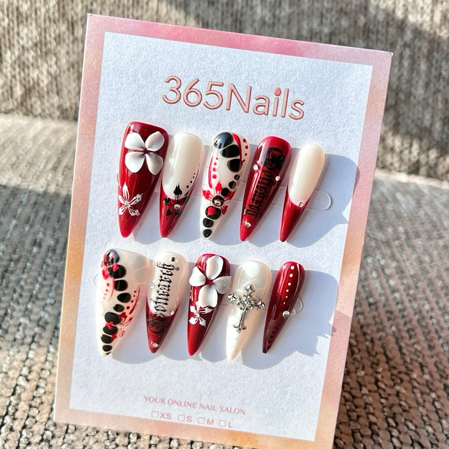 365nails: "Red Gothic Cross" – Handmade Medium Stiletto Press-On Nails