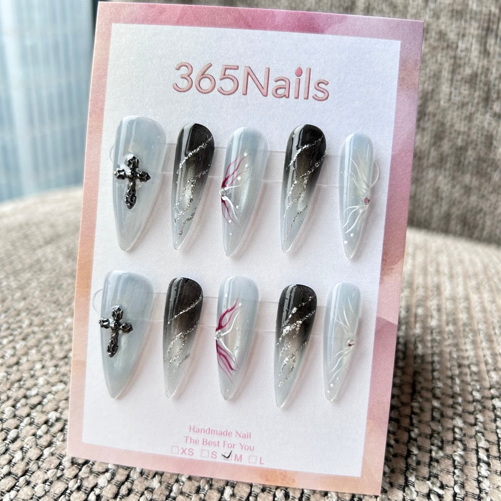 Femme Fatale: "Frozen Stigmata" – Icy Blue Cat Eye with Silver Cross Charm, Black Smudge & Crimson Thorn Art Long Stiletto Nails