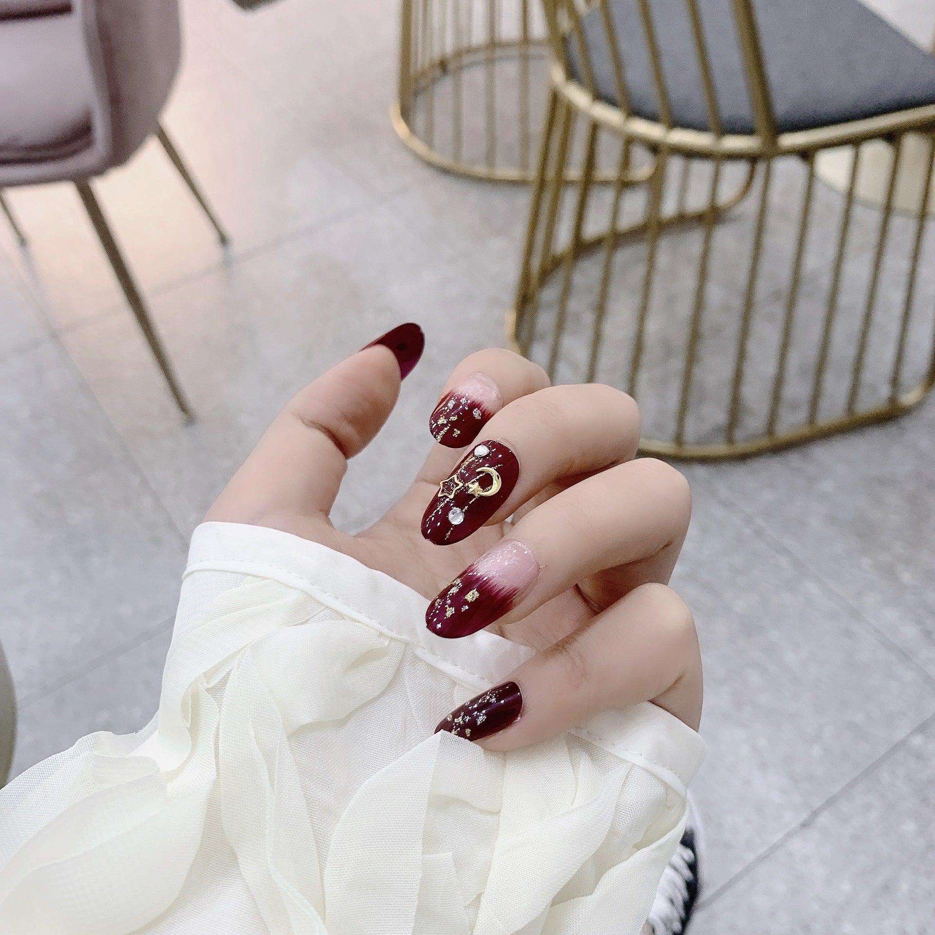 365nails: "Crimson Velvet Night" – 3D Moon & Star Handmade Medium Almond Nails