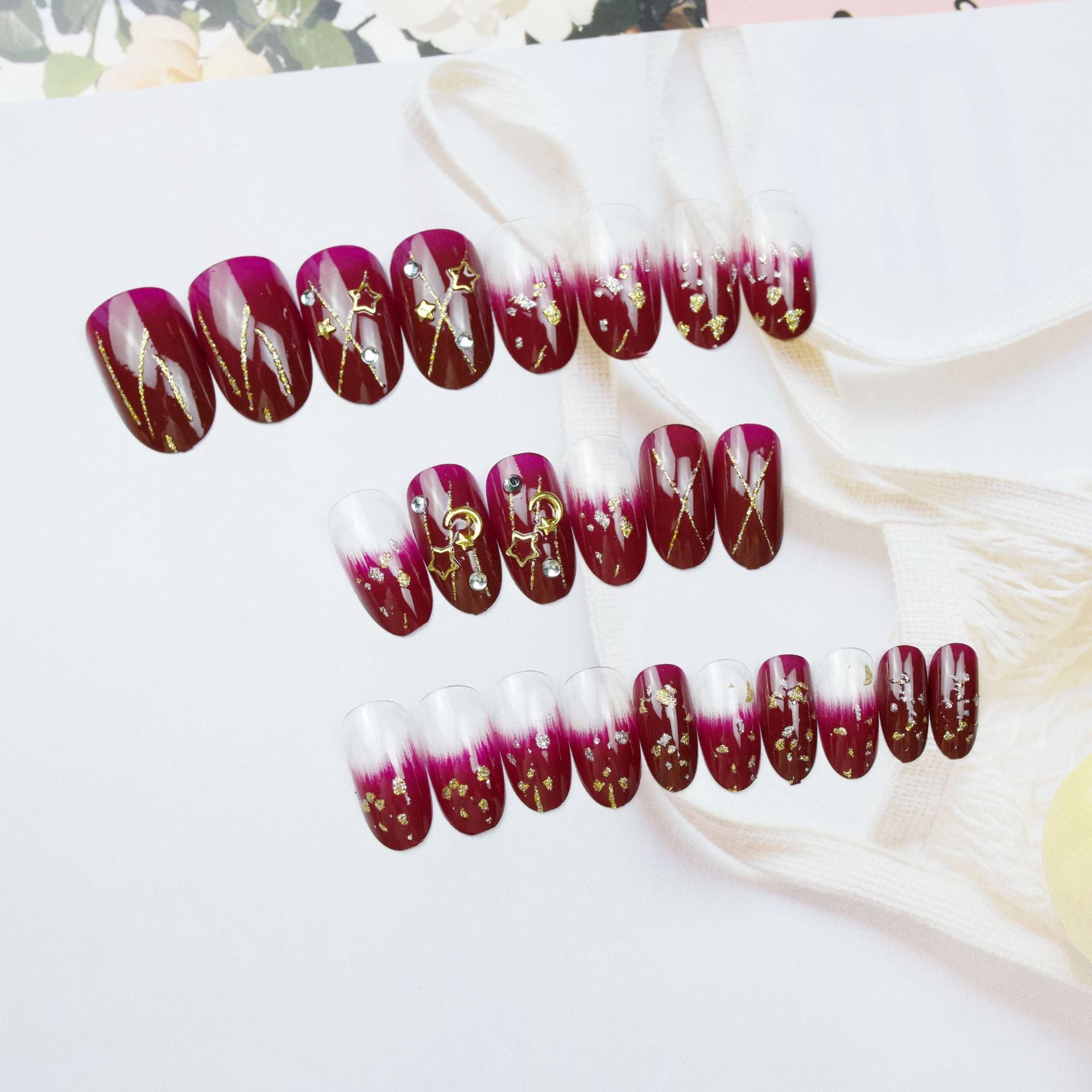 365nails: "Crimson Velvet Night" – 3D Moon & Star Handmade Medium Almond Nails