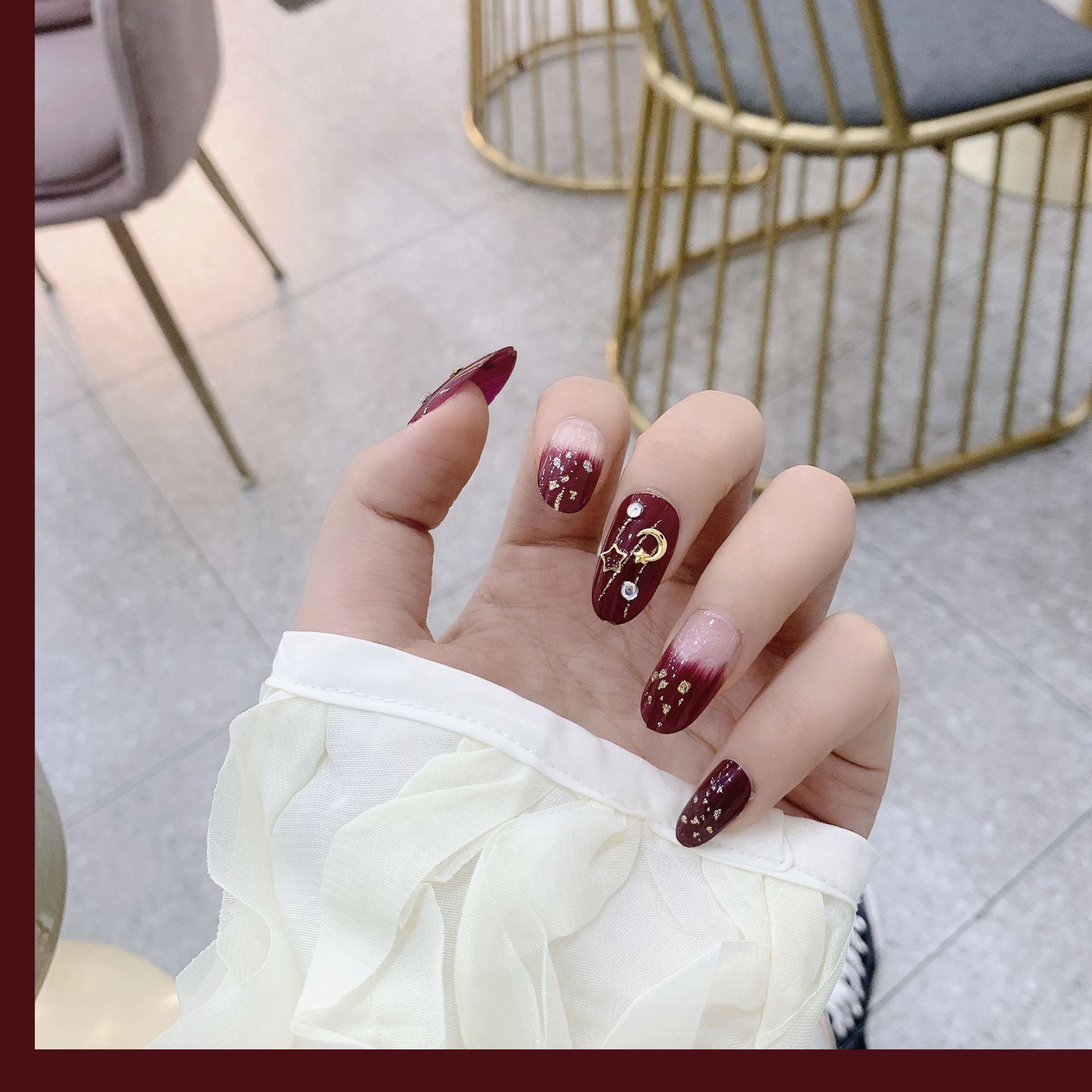 365nails: "Crimson Velvet Night" – 3D Moon & Star Handmade Medium Almond Nails
