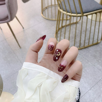 Xingyue burgundy smudging  finished fake nail manicure patch｜365nails