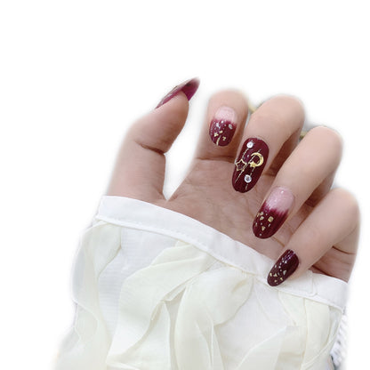 Xingyue burgundy smudging  finished fake nail manicure patch｜365nails