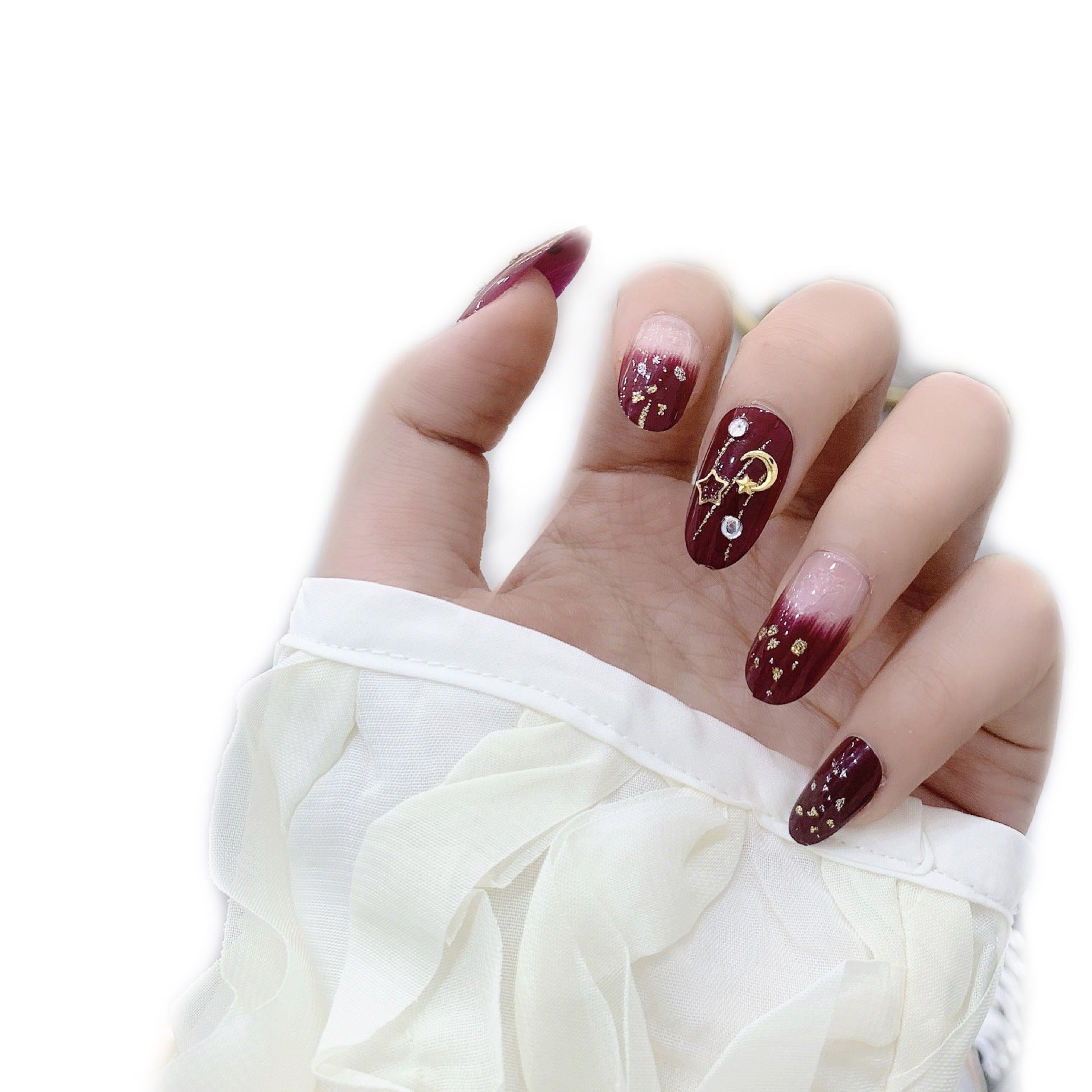 365nails: "Crimson Velvet Night" – 3D Moon & Star Handmade Medium Almond Nails