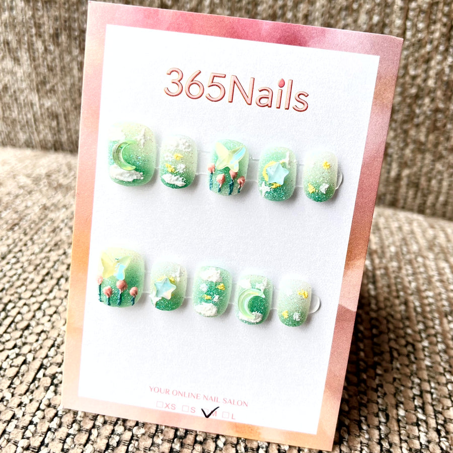 365nails: "Mystic Meadow" – 3D Floral & Celestial Handmade Long Nails