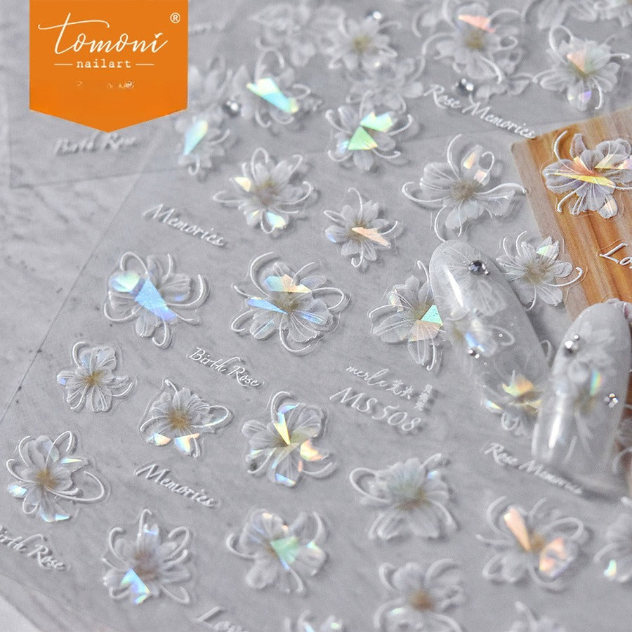 Holographic Flower Nail Stickers – 5D Embossed Romantic Set